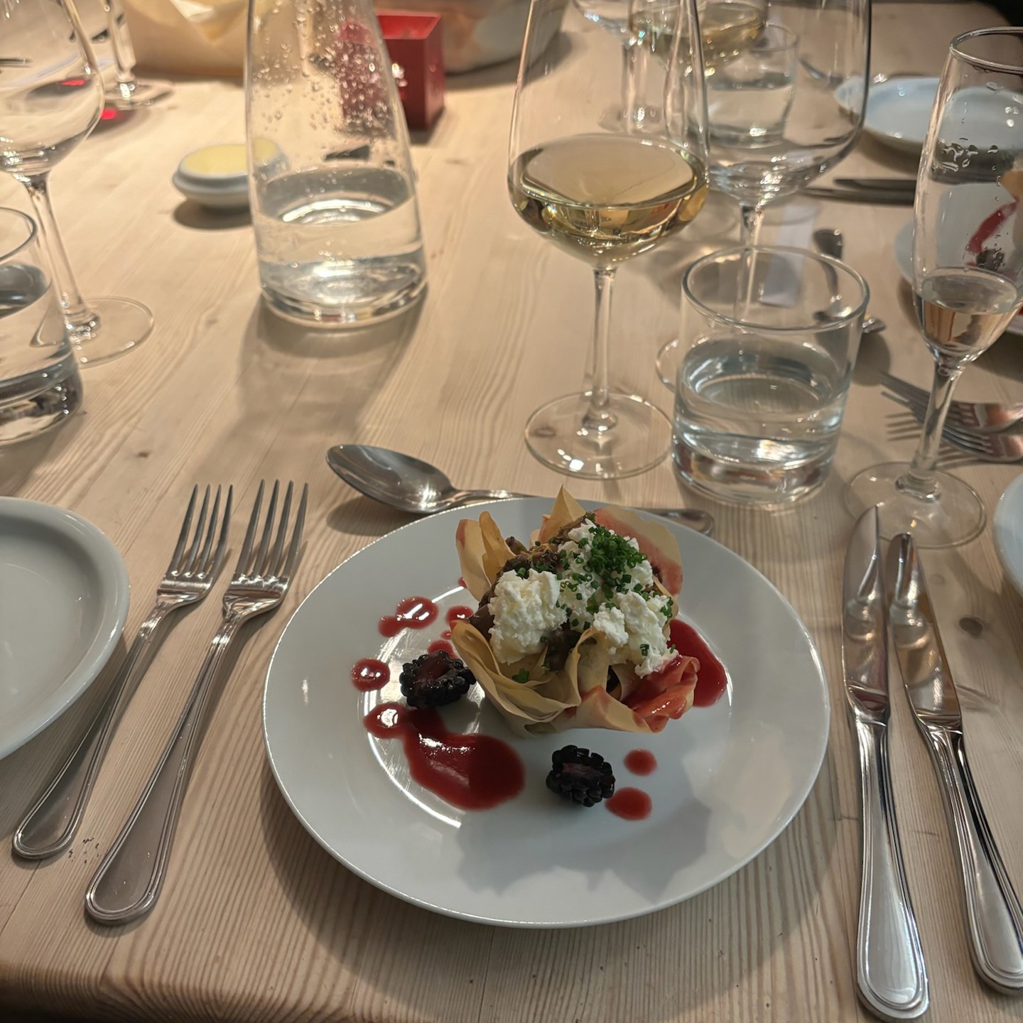 Filo and vegetable tart with blackberry dressing